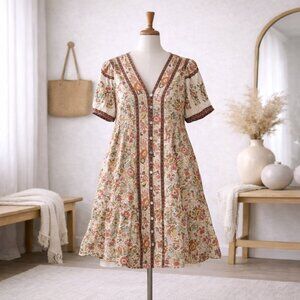 Newin Floral Boho Prairie Mini Dress Button Front Size M